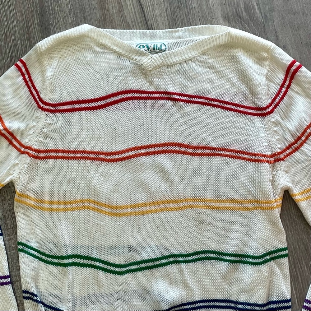SOLD Vintage 1980s e.v. ltd. Rainbow Striped V-Neck Knit Sweater - Picture 3 of 11